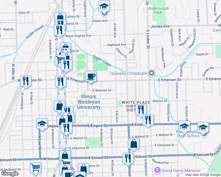 map of restaurants, bars, coffee shops, grocery stores, and more near 414 East Beecher Street in Bloomington