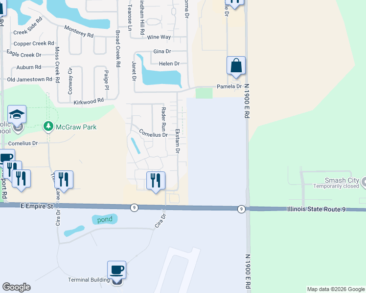map of restaurants, bars, coffee shops, grocery stores, and more near 1041 Ekstam Drive in Bloomington