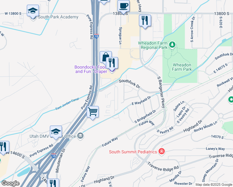 map of restaurants, bars, coffee shops, grocery stores, and more near 14268 South Side Hill Lane in Draper