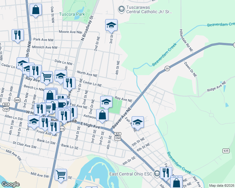map of restaurants, bars, coffee shops, grocery stores, and more near 321 3rd Drive Northeast in New Philadelphia