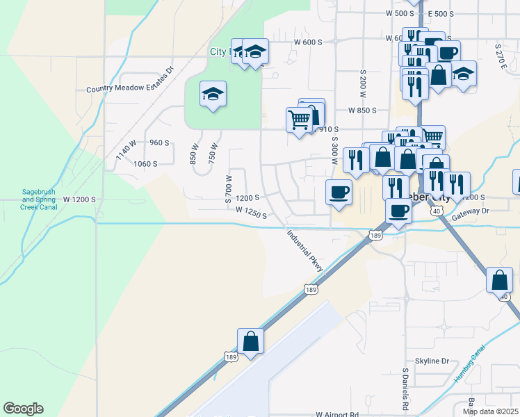 map of restaurants, bars, coffee shops, grocery stores, and more near 1250 South in Heber City