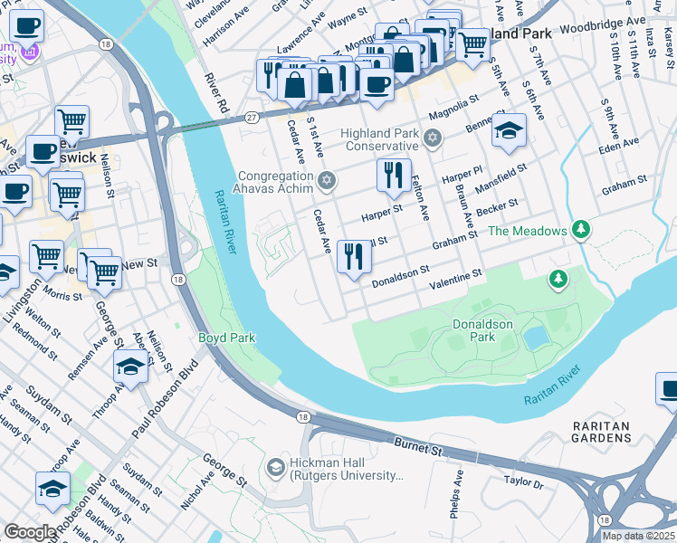 map of restaurants, bars, coffee shops, grocery stores, and more near 410 Cedar Avenue in Highland Park