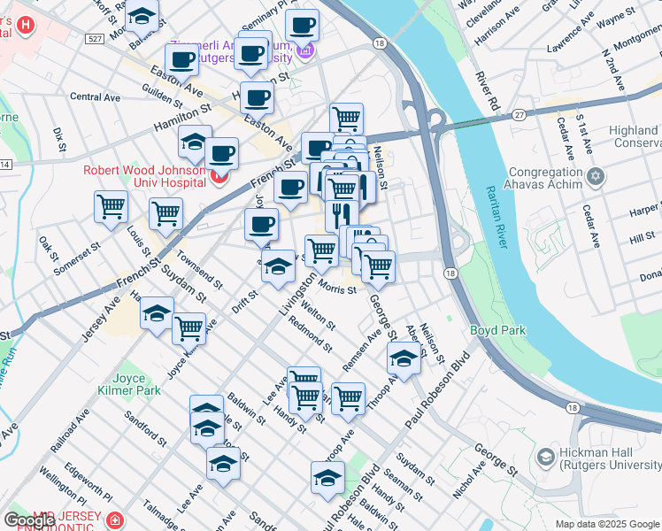 map of restaurants, bars, coffee shops, grocery stores, and more near in New Brunswick