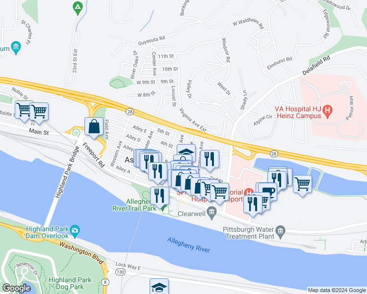 map of restaurants, bars, coffee shops, grocery stores, and more near 405 Brilliant Avenue in Pittsburgh