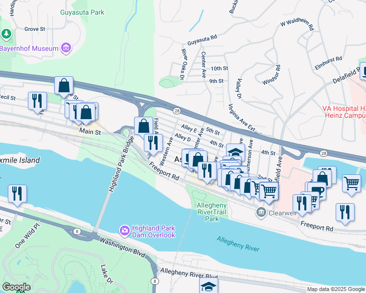 map of restaurants, bars, coffee shops, grocery stores, and more near 135 3rd Street in Aspinwall