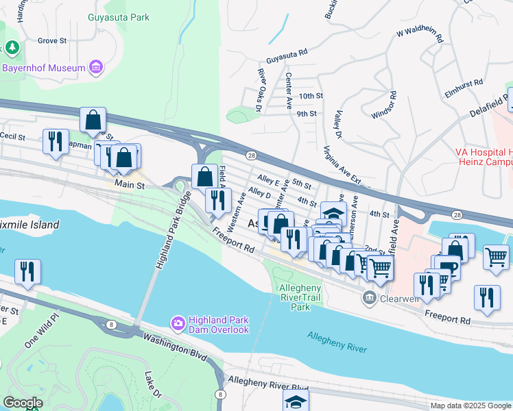 map of restaurants, bars, coffee shops, grocery stores, and more near 135 3rd Street in Aspinwall