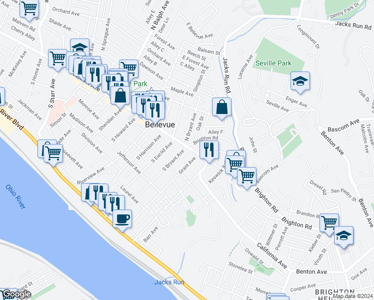 map of restaurants, bars, coffee shops, grocery stores, and more near 230 Lincoln Avenue in Bellevue