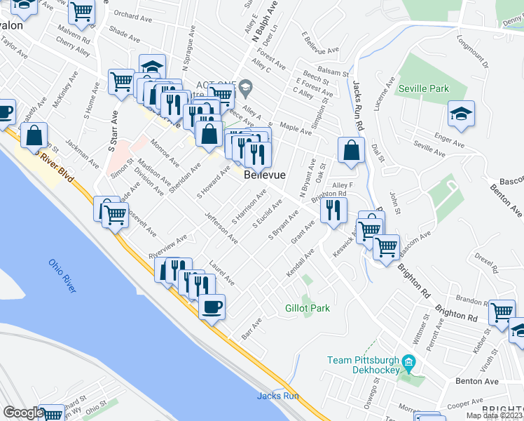 map of restaurants, bars, coffee shops, grocery stores, and more near 35 South Harrison Avenue in Pittsburgh