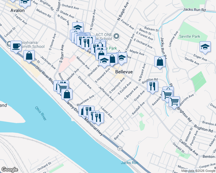 map of restaurants, bars, coffee shops, grocery stores, and more near 398 Caughey Avenue in Pittsburgh