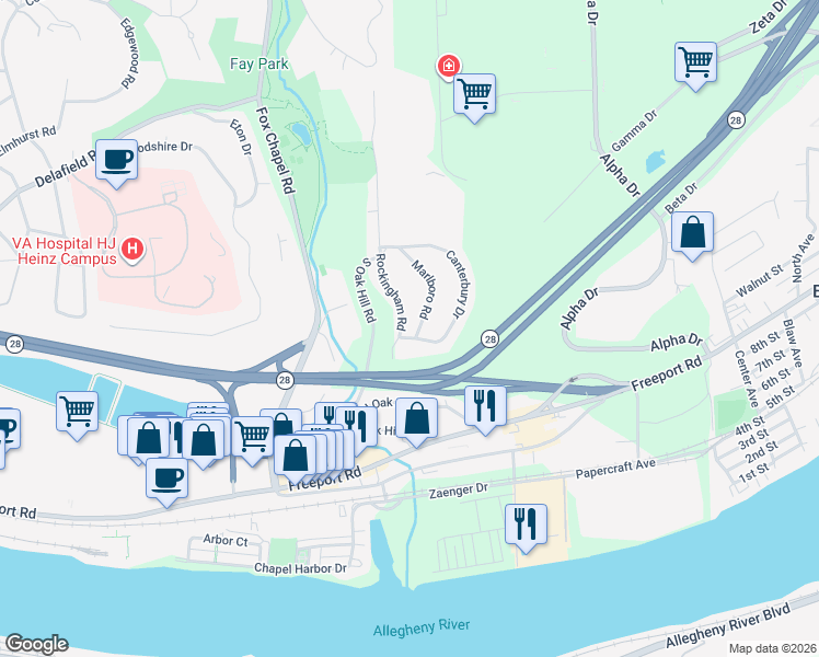 map of restaurants, bars, coffee shops, grocery stores, and more near 101 Canterbury Drive in Pittsburgh