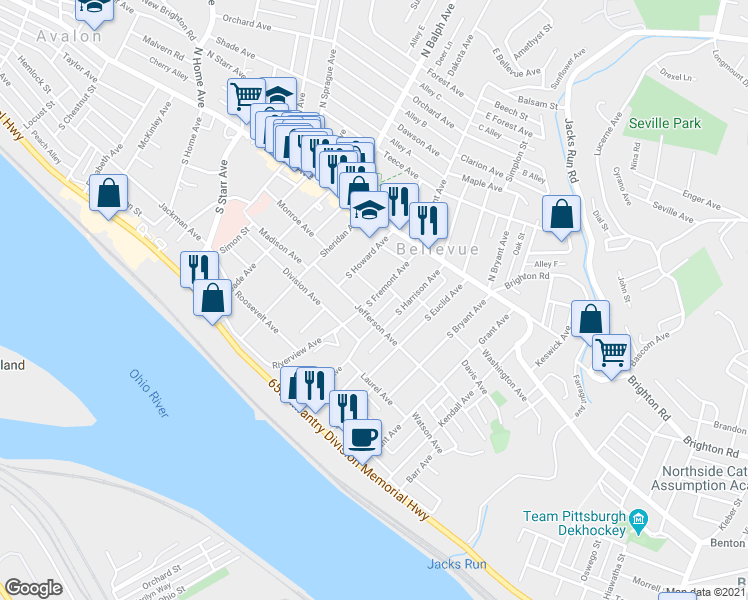 map of restaurants, bars, coffee shops, grocery stores, and more near South Fremont Avenue in Pittsburgh