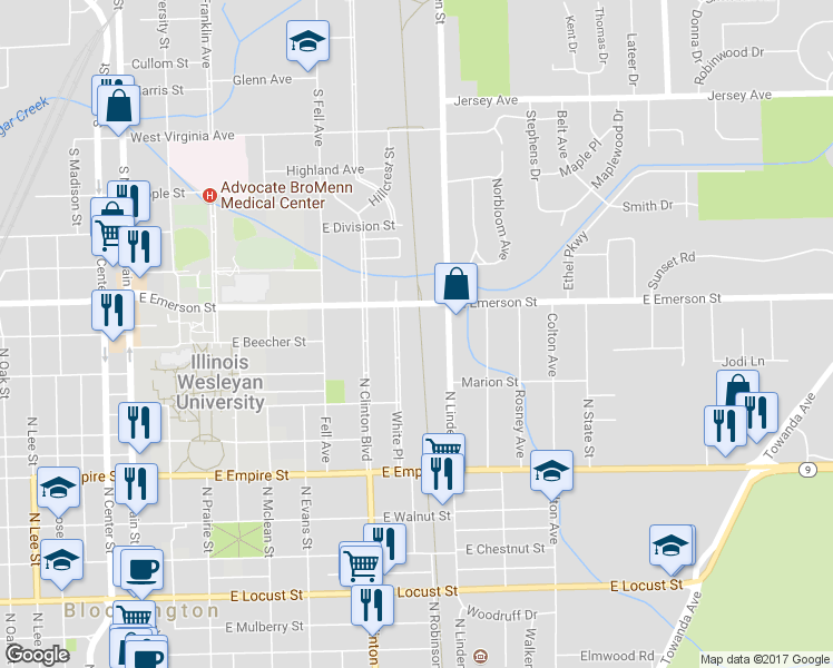 map of restaurants, bars, coffee shops, grocery stores, and more near 41-47 White Place in Bloomington