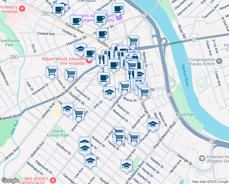 map of restaurants, bars, coffee shops, grocery stores, and more near 8 Drift Street in New Brunswick