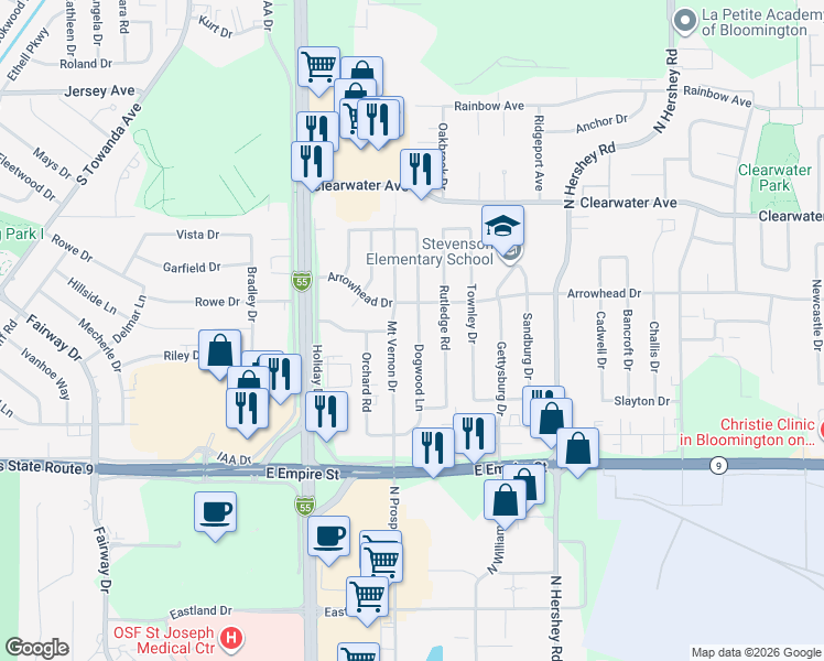 map of restaurants, bars, coffee shops, grocery stores, and more near 1238 Dogwood Lane in Bloomington