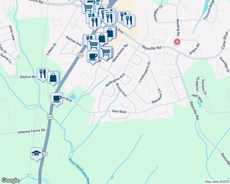 map of restaurants, bars, coffee shops, grocery stores, and more near 29 Canterberry Circle in Flemington