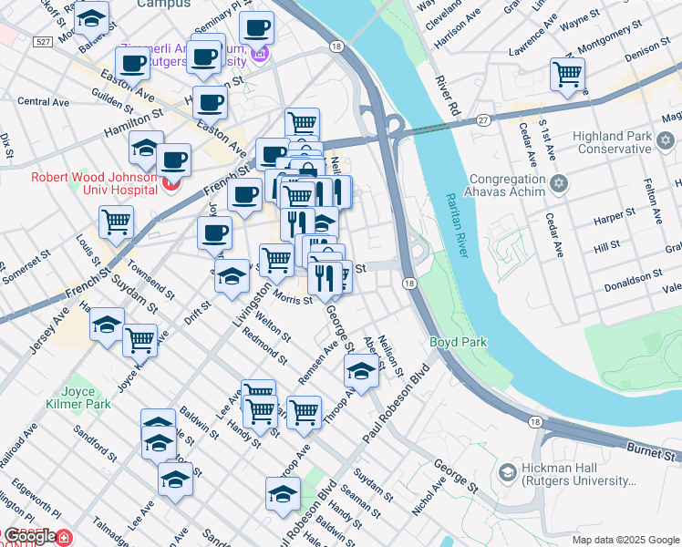 map of restaurants, bars, coffee shops, grocery stores, and more near 40 New Street in New Brunswick
