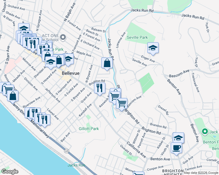 map of restaurants, bars, coffee shops, grocery stores, and more near 116 Arch Avenue in Pittsburgh