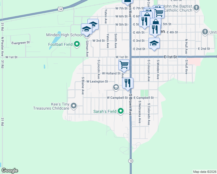 map of restaurants, bars, coffee shops, grocery stores, and more near 351-399 West Lexington Street in Minden