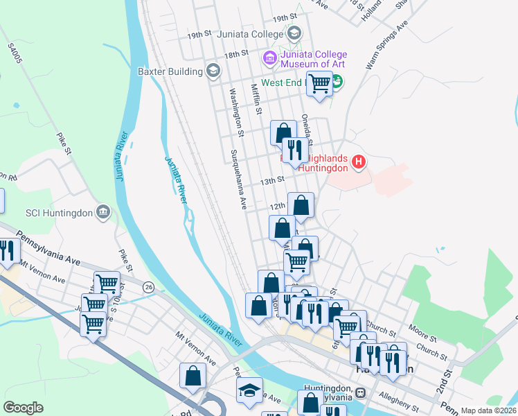 map of restaurants, bars, coffee shops, grocery stores, and more near 301 12th Street in Huntingdon