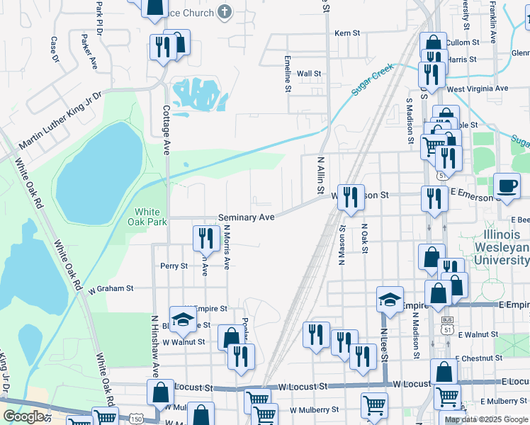 map of restaurants, bars, coffee shops, grocery stores, and more near 1011 Seminary Avenue in Bloomington