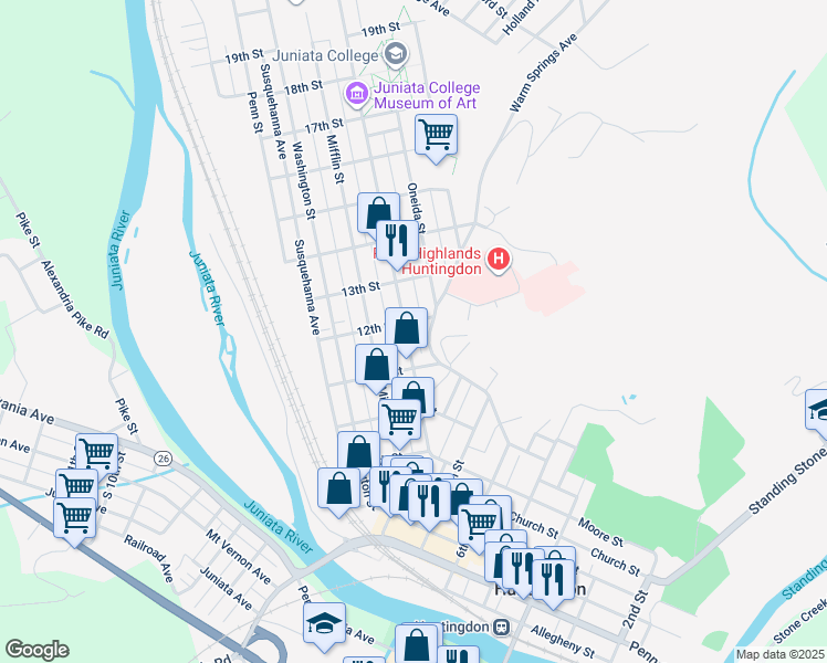 map of restaurants, bars, coffee shops, grocery stores, and more near 1127 Moore Street in Huntingdon