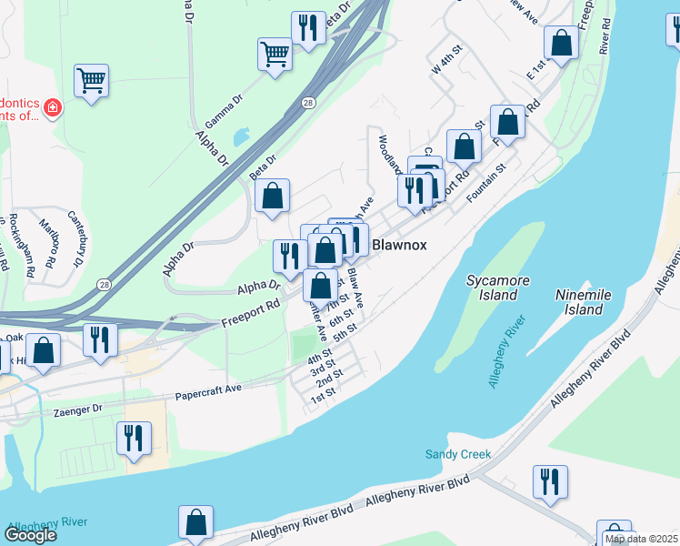 map of restaurants, bars, coffee shops, grocery stores, and more near 254 Freeport Road in Blawnox