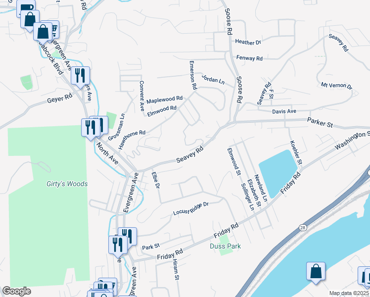 map of restaurants, bars, coffee shops, grocery stores, and more near 702 Seavey Road in Pittsburgh
