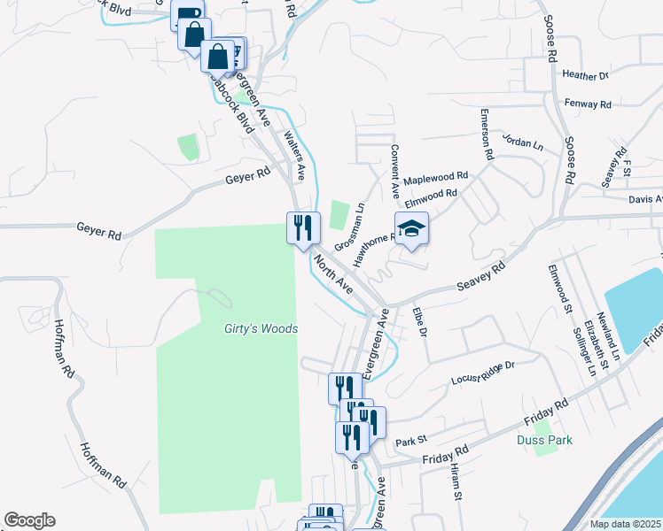 map of restaurants, bars, coffee shops, grocery stores, and more near 1121 Evergreen Road in Millvale