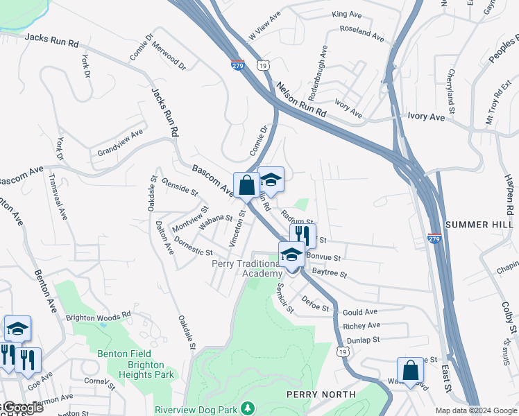 map of restaurants, bars, coffee shops, grocery stores, and more near 4070 Franklin Road in Pittsburgh