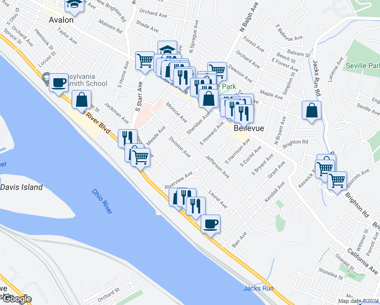 map of restaurants, bars, coffee shops, grocery stores, and more near 438 Division Avenue in Pittsburgh