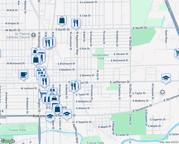 map of restaurants, bars, coffee shops, grocery stores, and more near 713 North Purdum Street in Kokomo