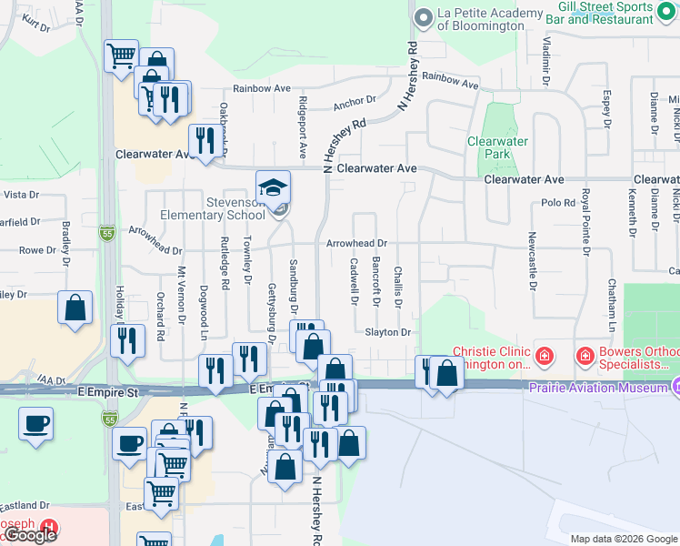 map of restaurants, bars, coffee shops, grocery stores, and more near 8 Ketchum Court in Bloomington