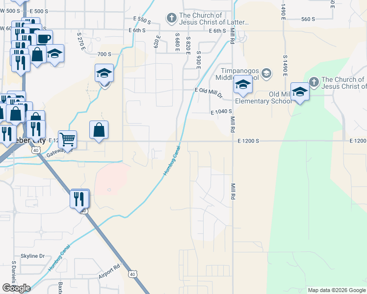 map of restaurants, bars, coffee shops, grocery stores, and more near 913 East 1200 South in Heber City