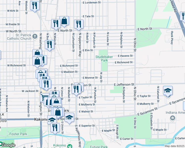 map of restaurants, bars, coffee shops, grocery stores, and more near 713 North Purdum Street in Kokomo