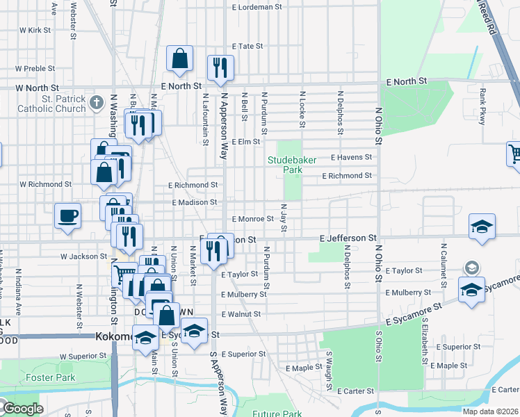 map of restaurants, bars, coffee shops, grocery stores, and more near 713 North Purdum Street in Kokomo
