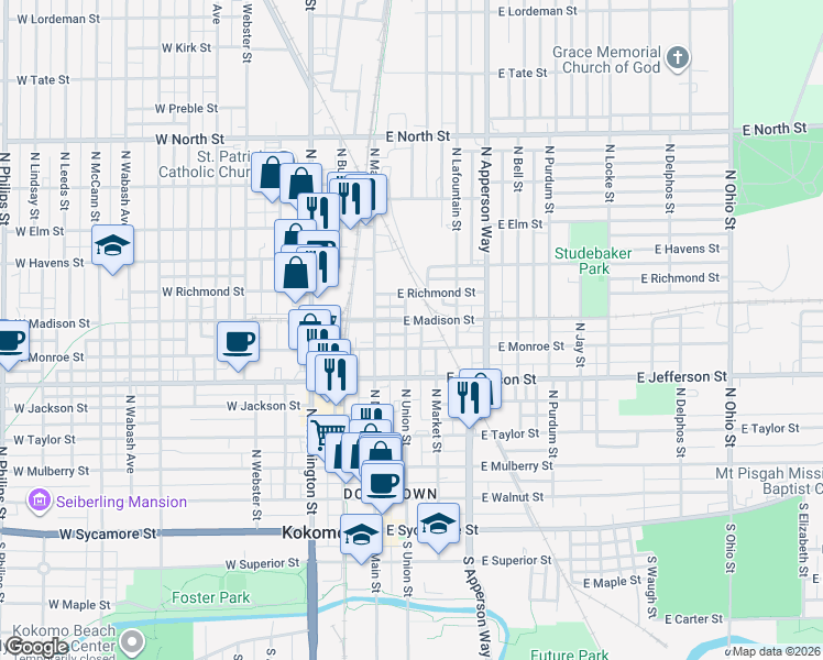 map of restaurants, bars, coffee shops, grocery stores, and more near 720 North Union Street in Kokomo