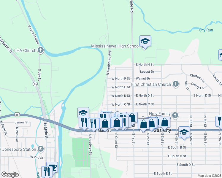 map of restaurants, bars, coffee shops, grocery stores, and more near 209 West North East Street in Gas City