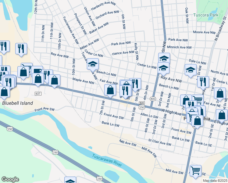 map of restaurants, bars, coffee shops, grocery stores, and more near Ashwood Lane in New Philadelphia