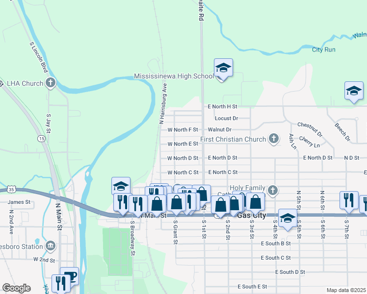 map of restaurants, bars, coffee shops, grocery stores, and more near 127 West North East Street in Gas City
