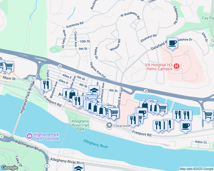 map of restaurants, bars, coffee shops, grocery stores, and more near 413 Virginia Avenue in Pittsburgh