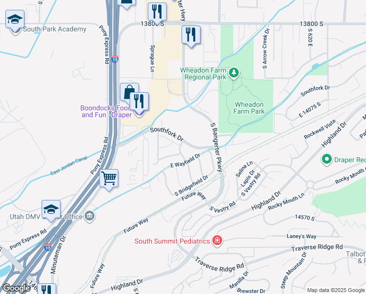 map of restaurants, bars, coffee shops, grocery stores, and more near 14263 South Honeyfield Drive in Draper