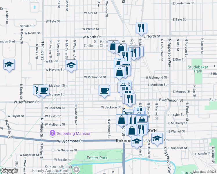 map of restaurants, bars, coffee shops, grocery stores, and more near 720 North Webster Street in Kokomo