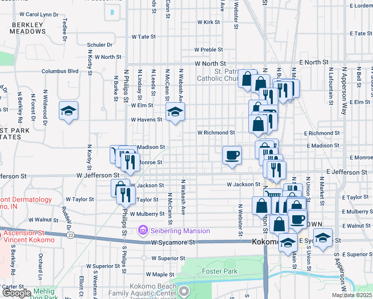 map of restaurants, bars, coffee shops, grocery stores, and more near 722 North Wabash Street in Kokomo