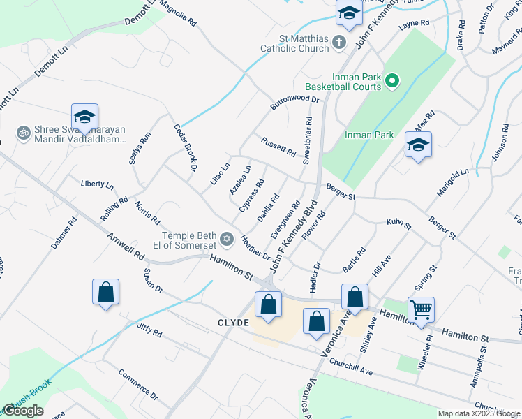 map of restaurants, bars, coffee shops, grocery stores, and more near 14 Dahlia Road in Franklin Township