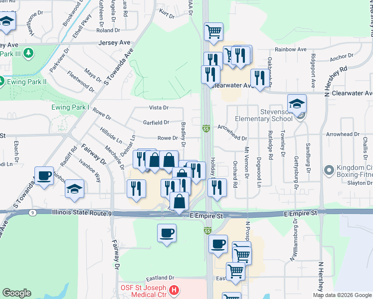 map of restaurants, bars, coffee shops, grocery stores, and more near 611 Bradley Drive in Bloomington