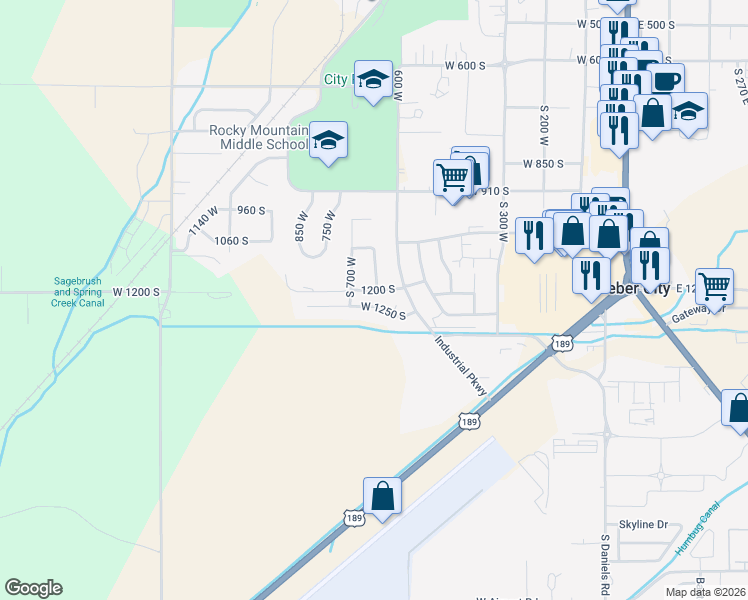 map of restaurants, bars, coffee shops, grocery stores, and more near 636 West 1250 South in Heber City