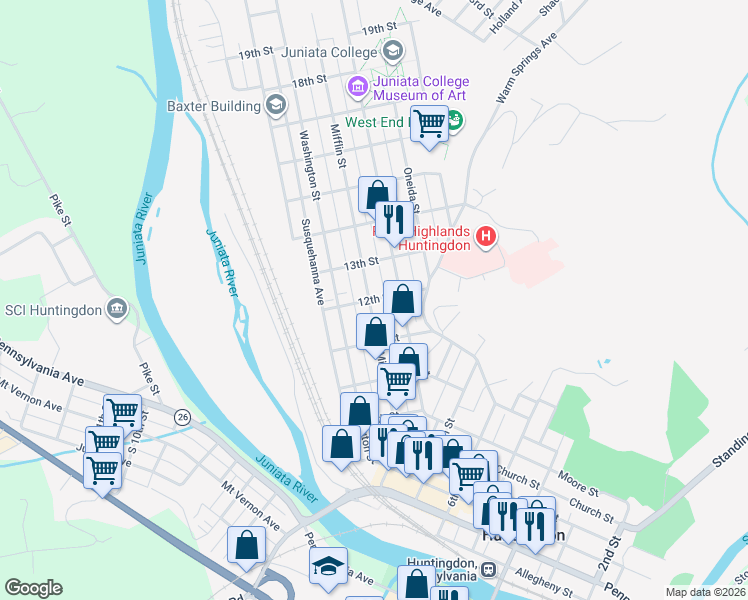 map of restaurants, bars, coffee shops, grocery stores, and more near 414 12th Street in Huntingdon