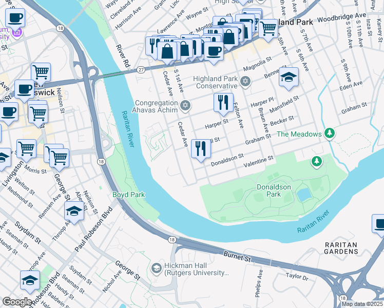map of restaurants, bars, coffee shops, grocery stores, and more near 410 Cedar Avenue in Highland Park