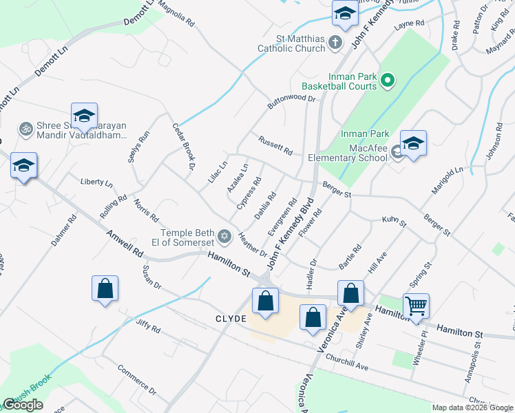 map of restaurants, bars, coffee shops, grocery stores, and more near 14 Dahlia Road in Franklin Township