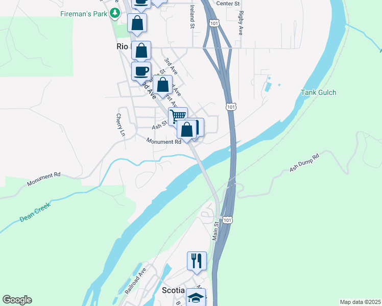 map of restaurants, bars, coffee shops, grocery stores, and more near 38 Wildwood Avenue in Rio Dell